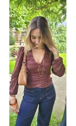 Top Jade col V effet froissé – coloris marron