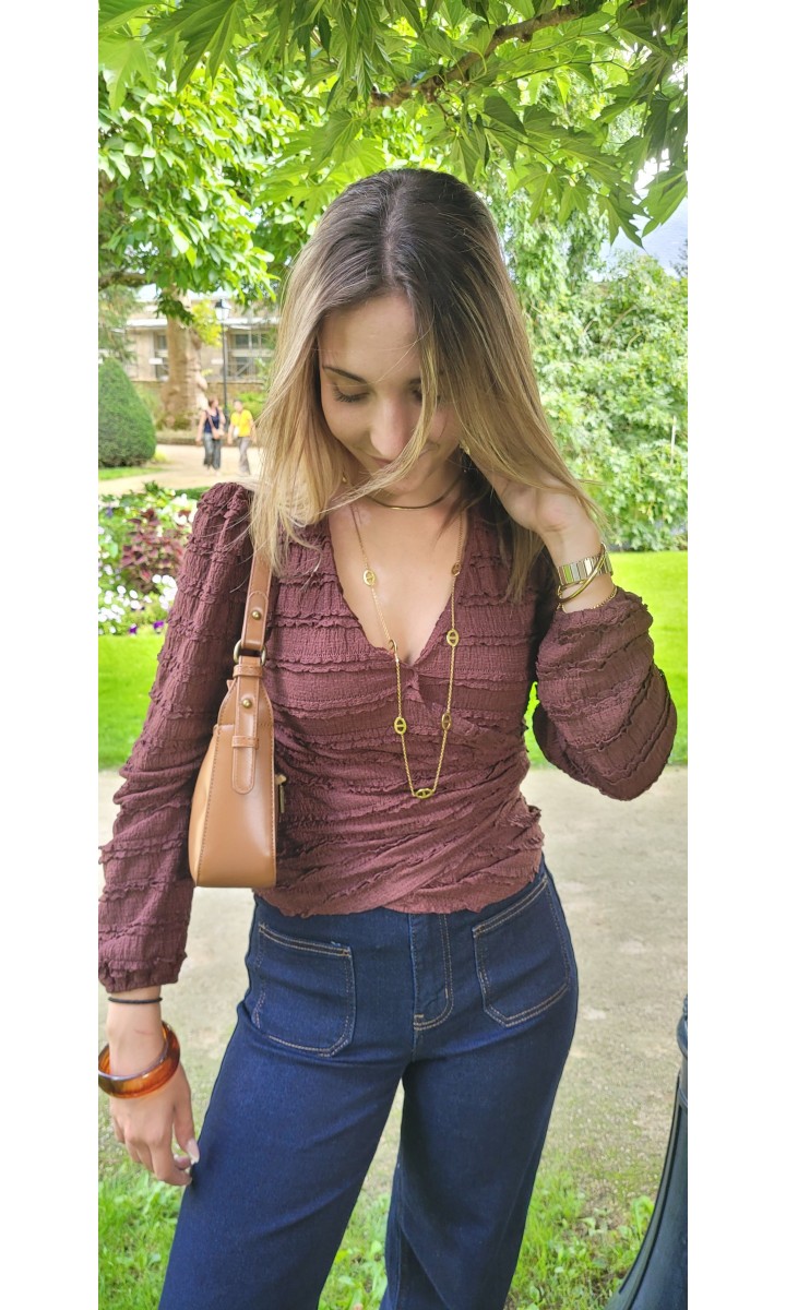 Top Jade col V effet froissé – coloris marron