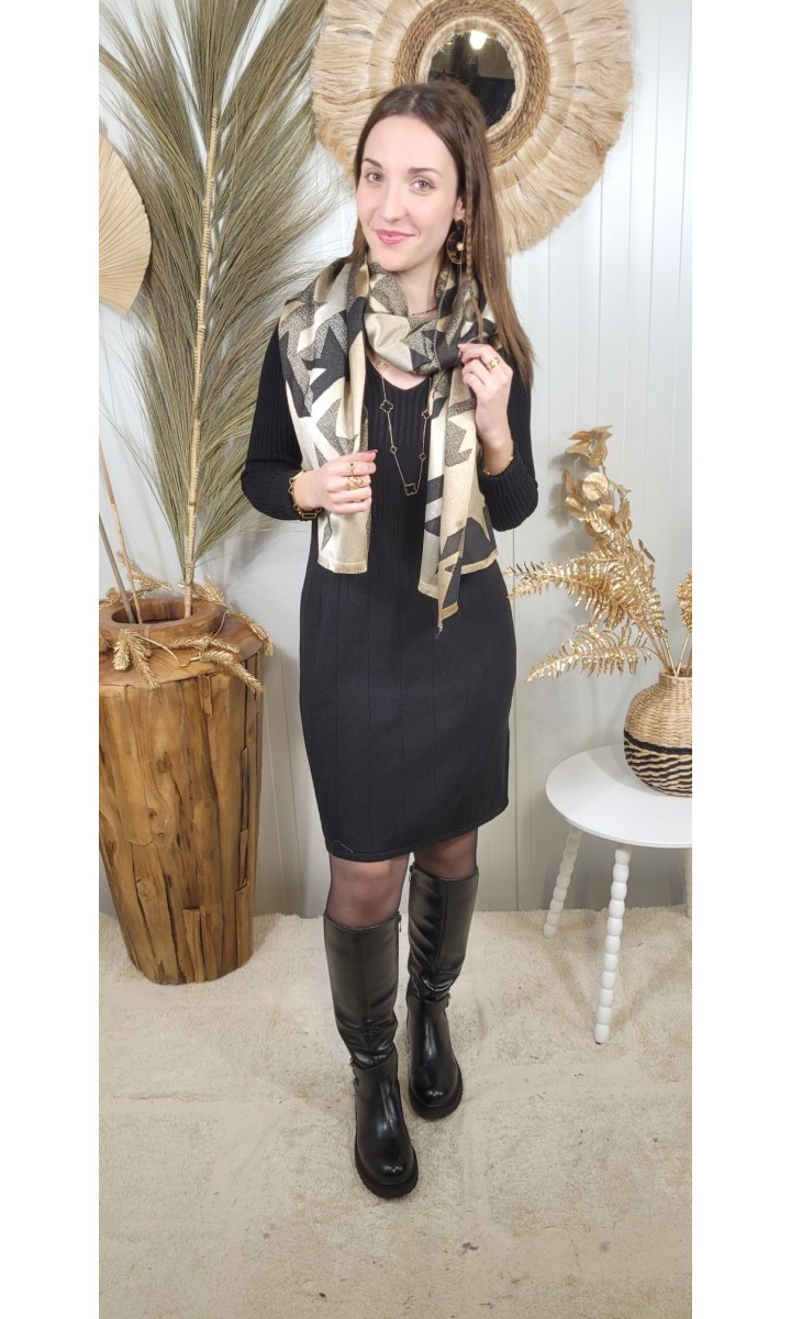 Robe pull Lina maille côtelée col V – coloris noir