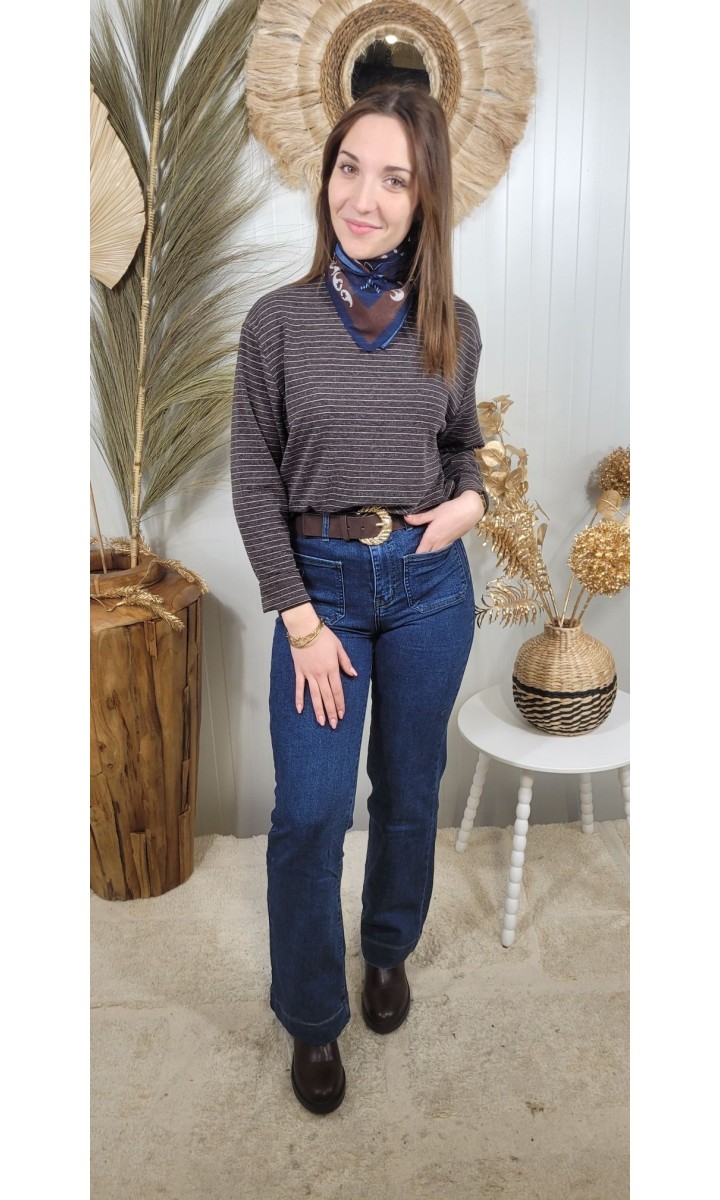 Pull Georgette marinière - foulard offert – coloris marron, vue 2