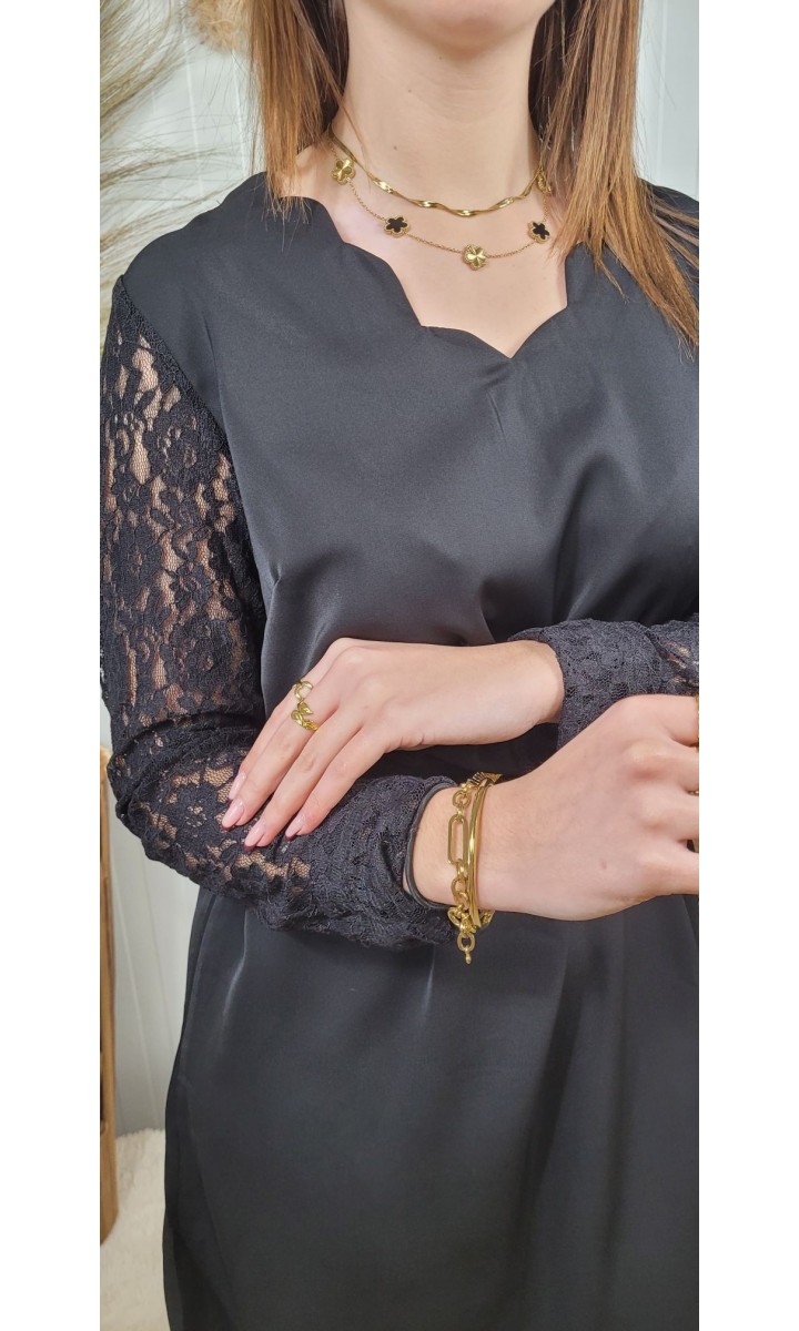 Robe Anae noire satinée manches dentelle – coloris noir, vue 4