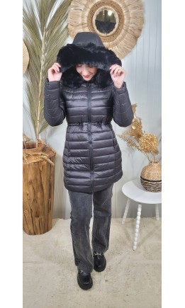 Manteau long Katarina matelassé à capuche – coloris noir