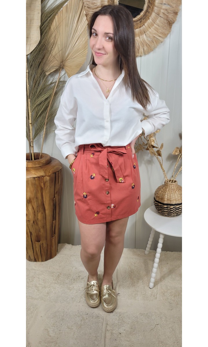 Jupe Kathryn boutonnée - broderie fleurs – coloris ocre