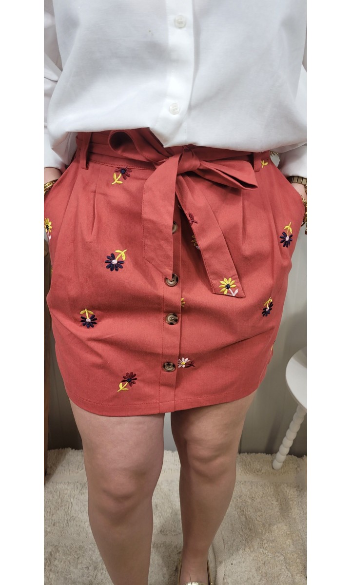 Jupe Kathryn boutonnée - broderie fleurs – coloris ocre, vue 2