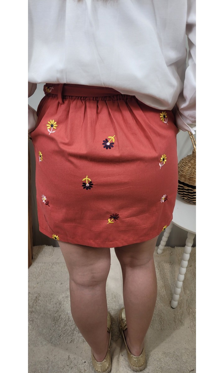 Jupe Kathryn boutonnée - broderie fleurs – coloris ocre, vue 3