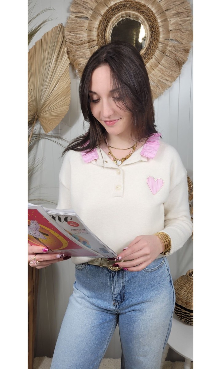 Pull Louna col polo volant plissé rose – coloris beige