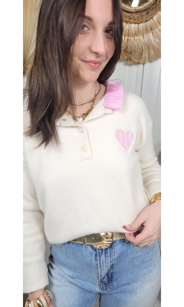 Pull Louna col polo volant plissé rose – coloris beige, vue 2