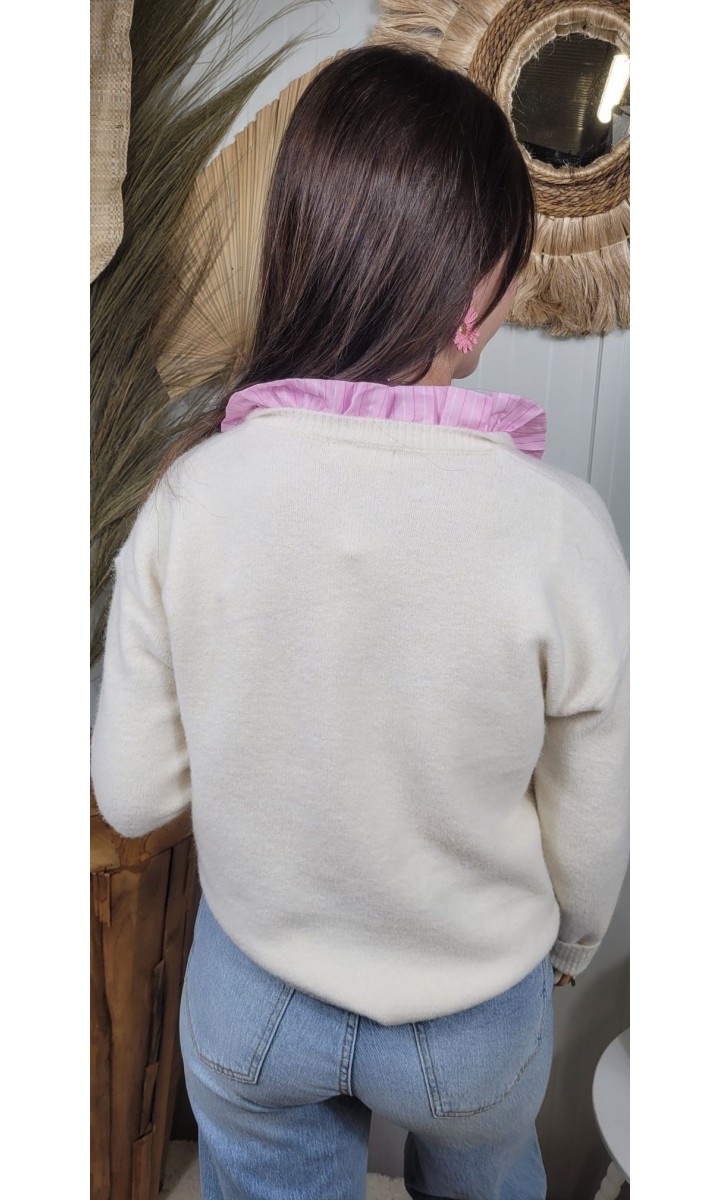 Pull Louna col polo volant plissé rose – coloris beige, vue 3