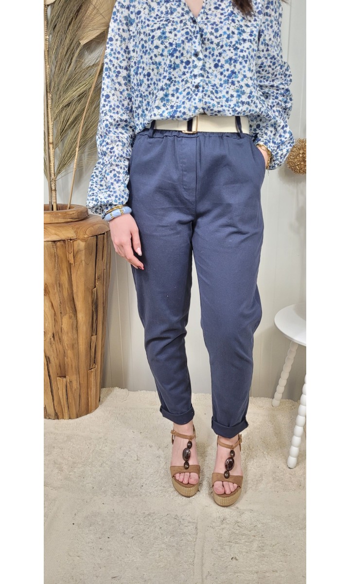 Pantalon Hortense paper bag - ceinture offerte – coloris bleu, vue 2