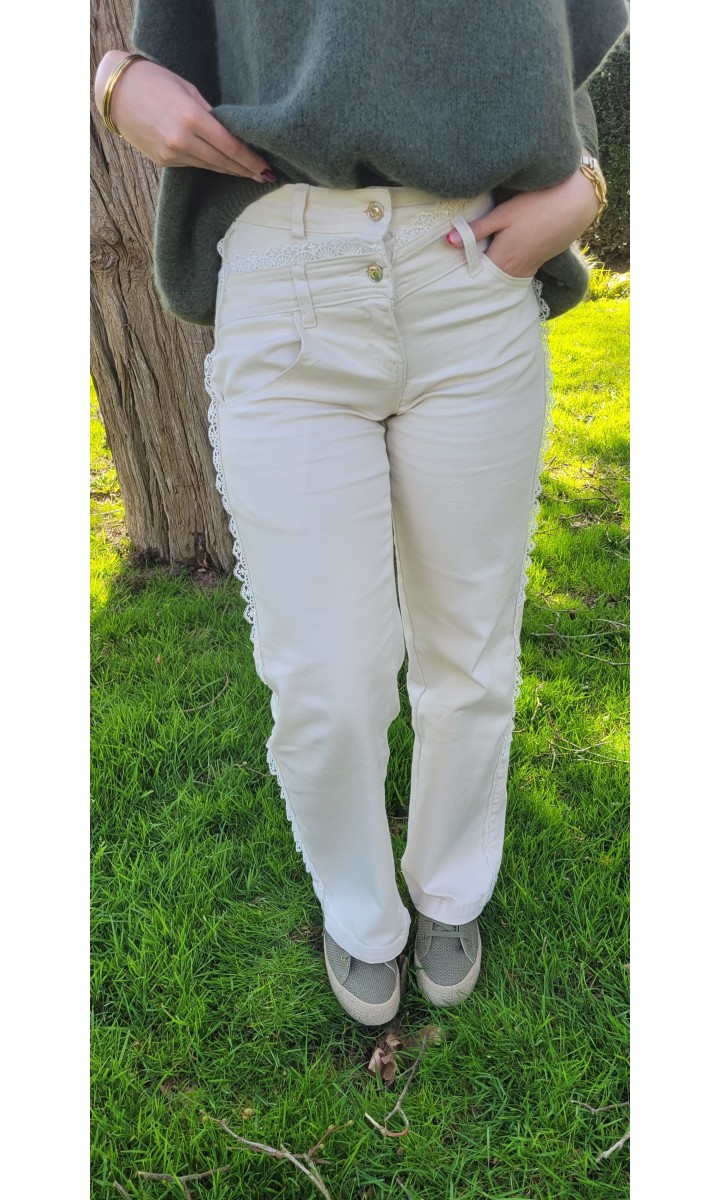 Jeans Ingrida droit galons de dentelle – coloris beige, vue 2