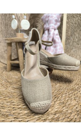 Compensées Isa en toile de lin - talon 7 cm – coloris doré