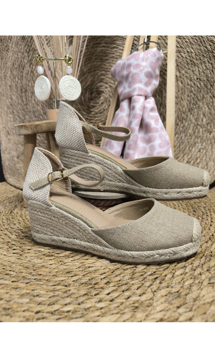 Compensées Isa en toile de lin - talon 7 cm – coloris doré, vue 3