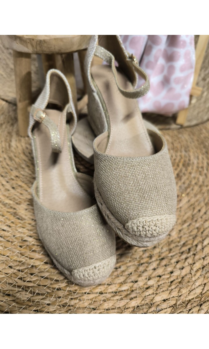 Compensées Isa en toile de lin - talon 7 cm – coloris doré, vue 4