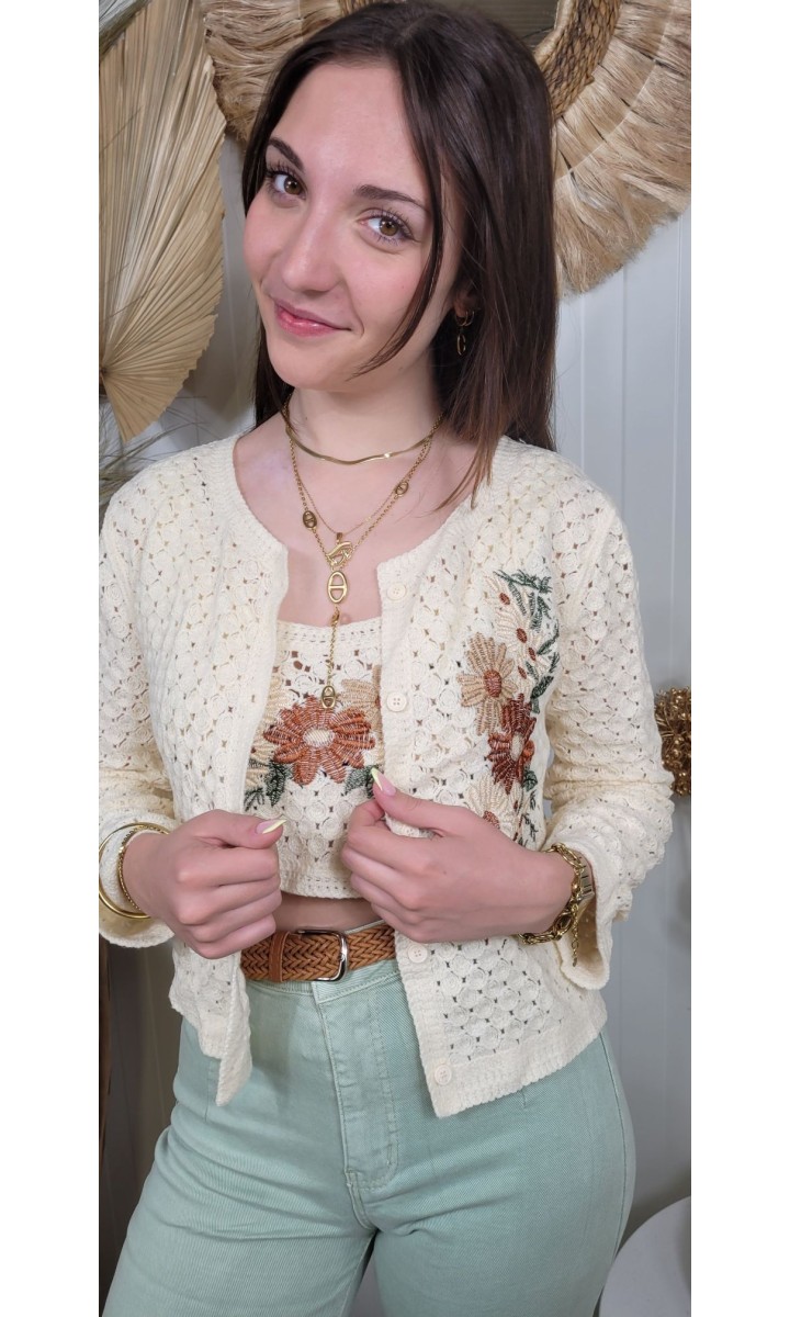 Ensemble gilet et crop top Sasha crochet – coloris beige