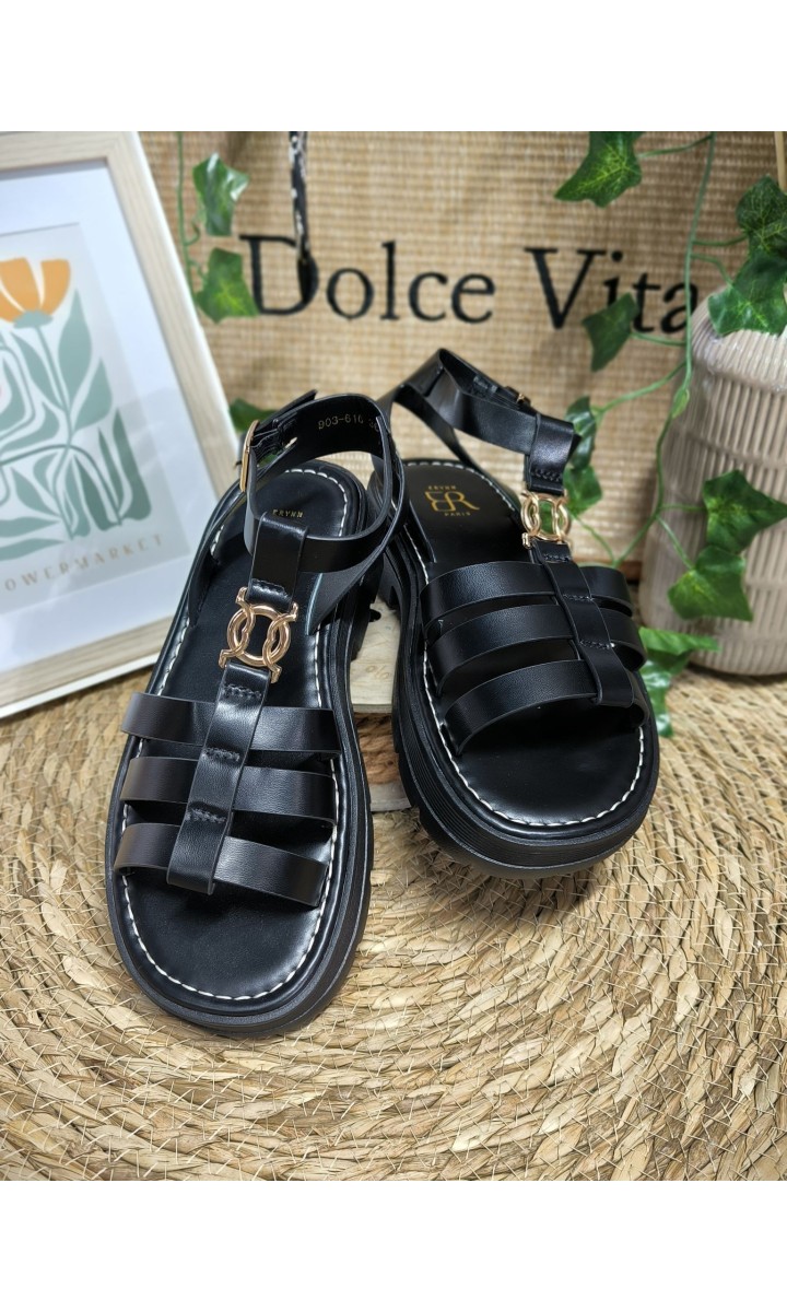 Sandales Danika spartiates boucle dorée – coloris noir