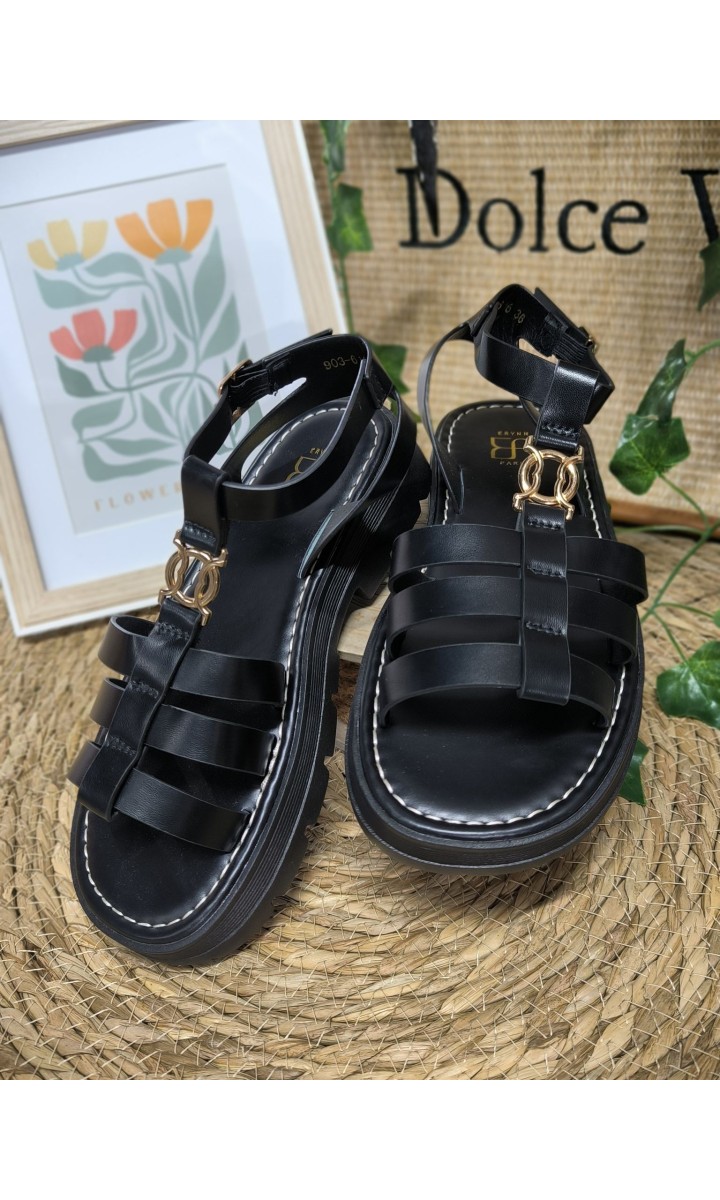 Sandales Danika spartiates boucle dorée – coloris noir, vue 2