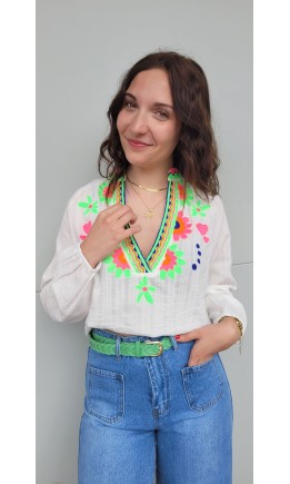 Blouse Bahia néon brodée - gaze de coton – coloris blanc