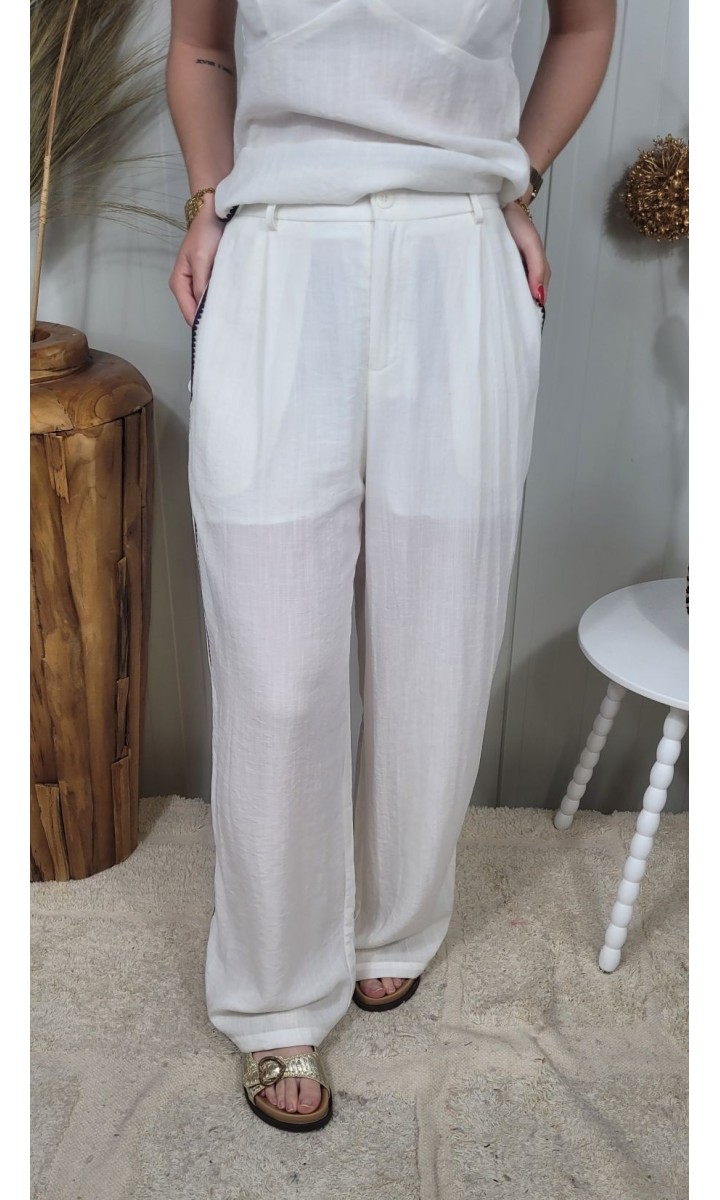 Pantalon Regina palazzo bande contrastée – coloris beige, vue 2