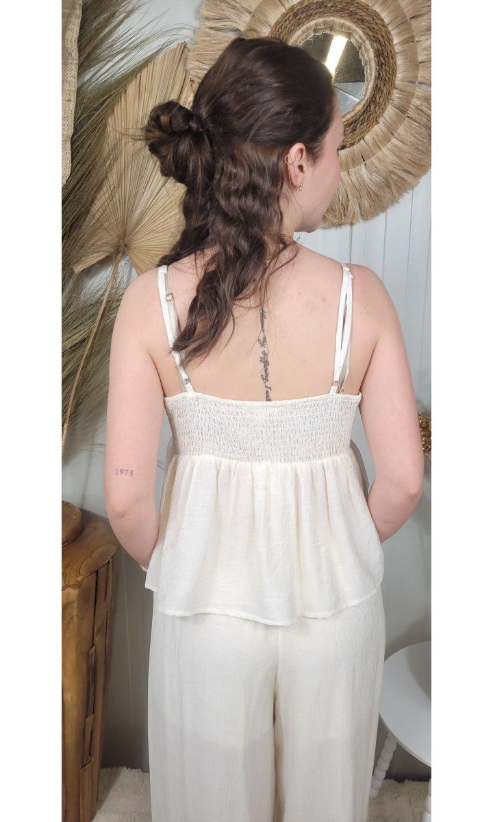 Top Peplum bretelles plastron brodé – coloris beige, vue 2