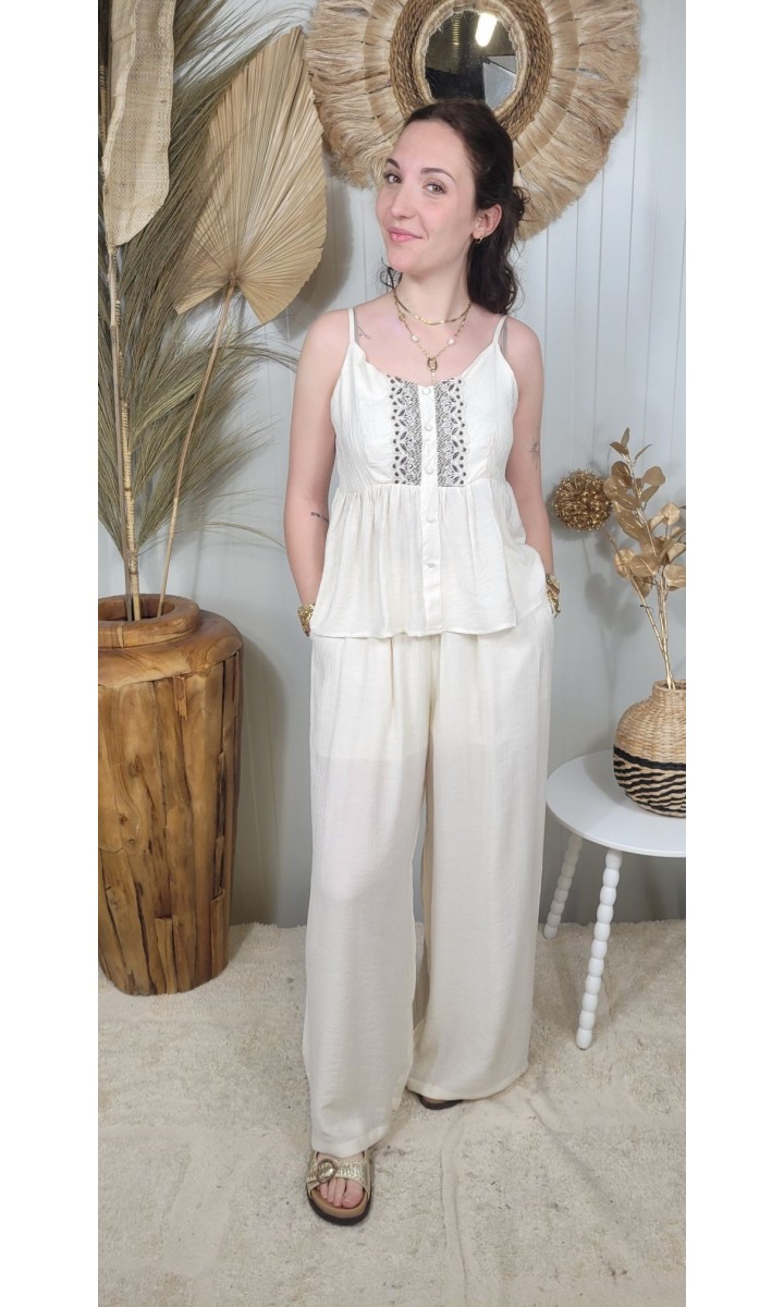 Top Peplum bretelles plastron brodé – coloris beige, vue 3