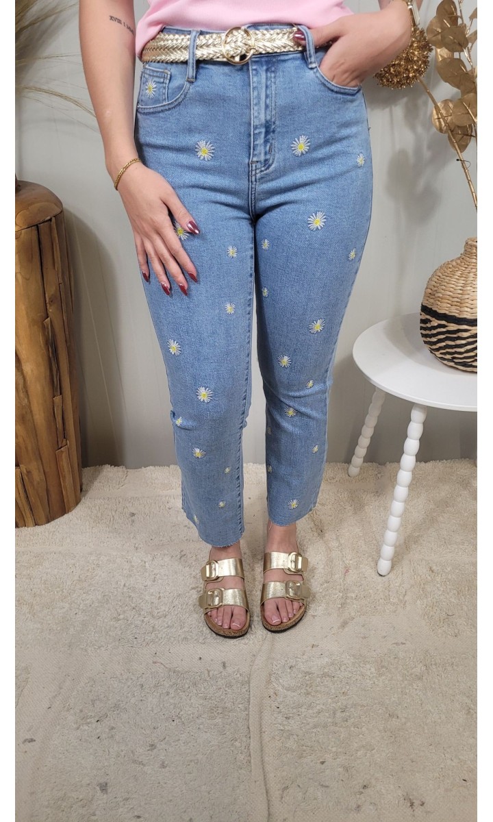 Jeans Marguerite pâquerettes brodées – coloris bleu, vue 2