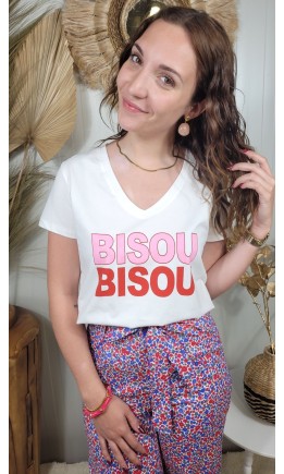 T-shirt Bisou col V imprimé – coloris blanc