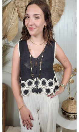 Gilet Zolie crochet ajouré bicolore – coloris noir