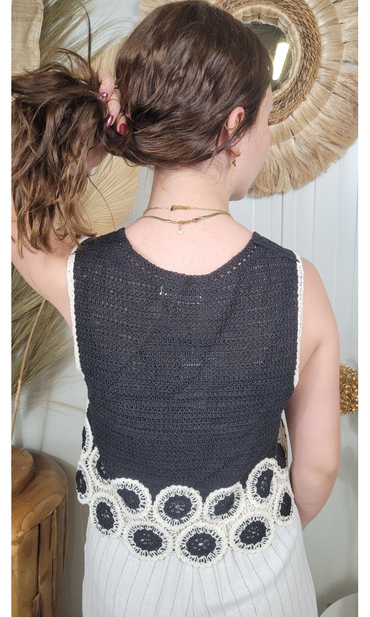 Gilet Zolie crochet ajouré bicolore – coloris noir, vue 2