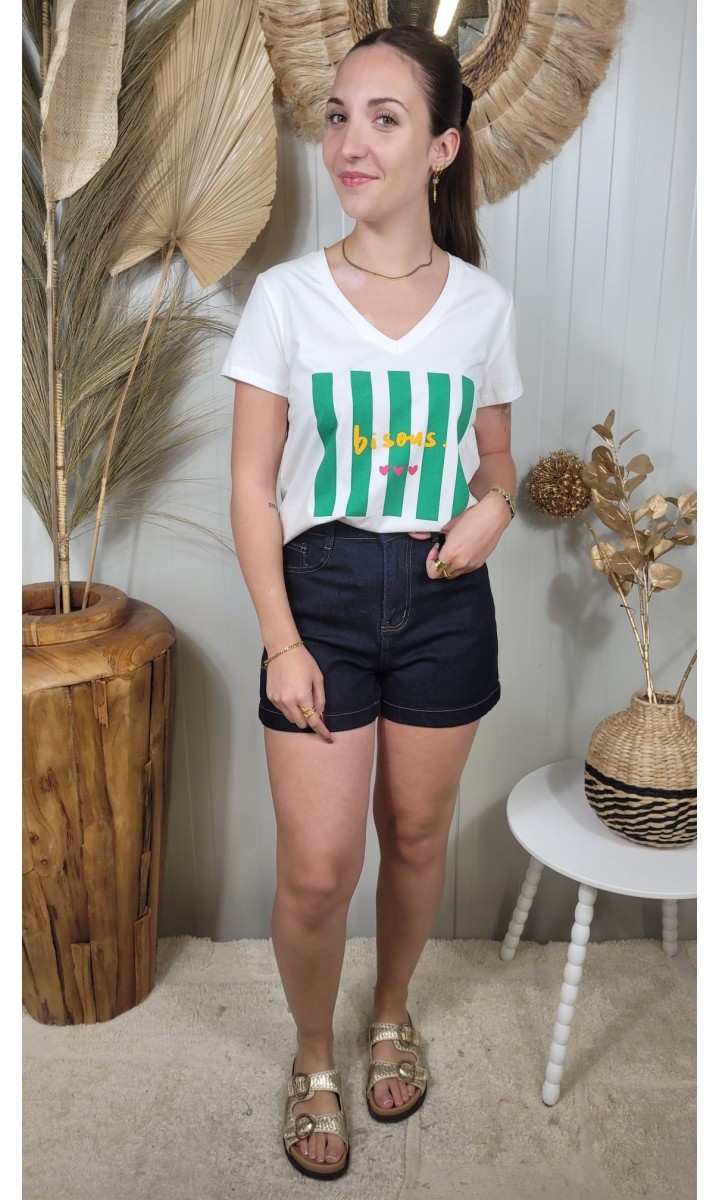 T-shirt Bisou col V - 100 % coton – coloris blanc