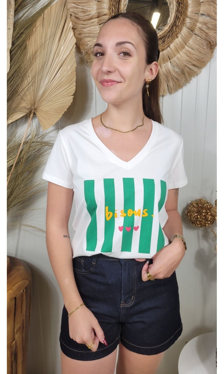T-shirt Bisou col V - 100 % coton – coloris blanc, vue 2