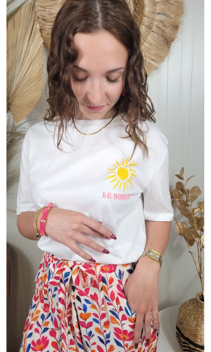 T-shirt Soleil blanc lettrage rose – coloris blanc