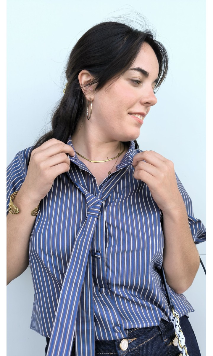 Chemise Amina manches volumineuses - lien – coloris bleu, vue 3