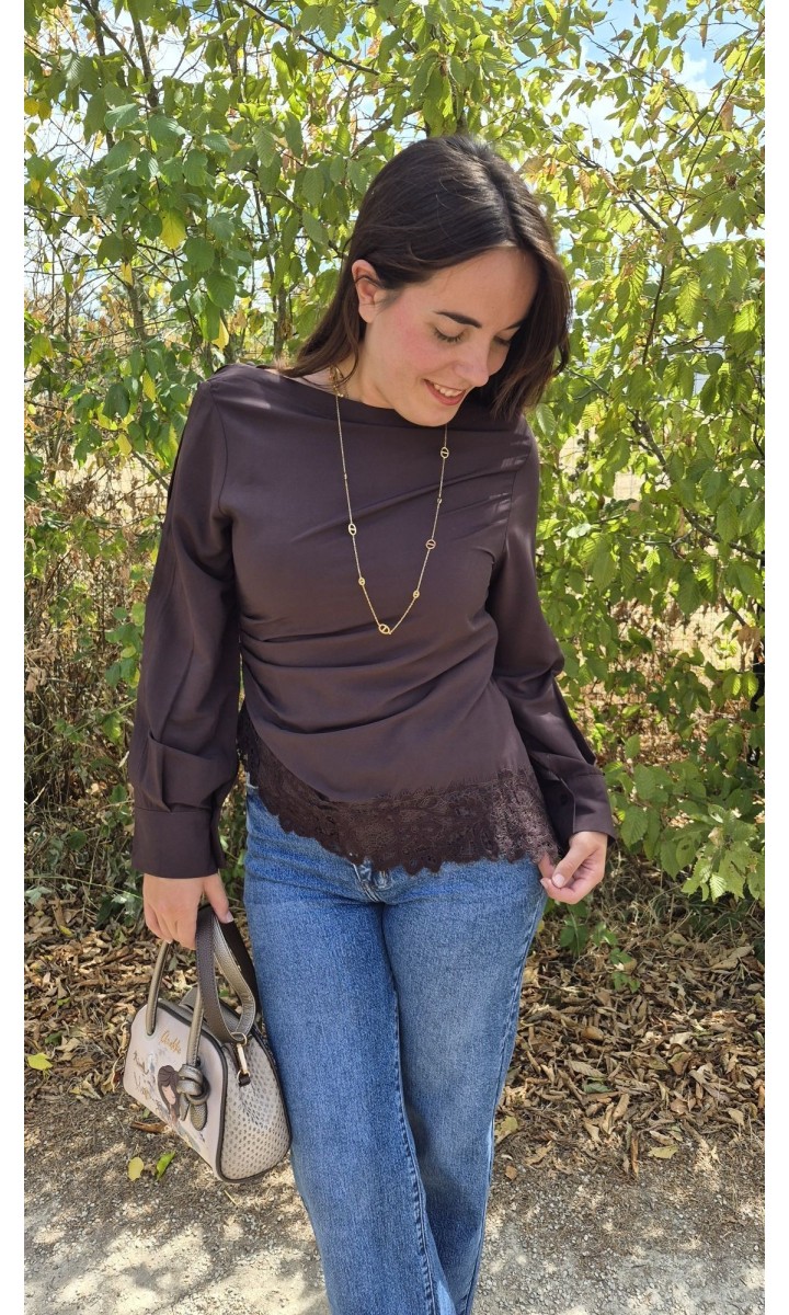 Top Tissania drapé col bateau - dentelle – coloris marron