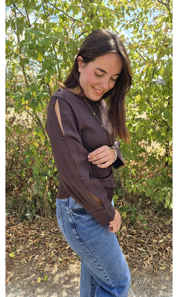 Top Tissania drapé col bateau - dentelle – coloris marron, vue 2