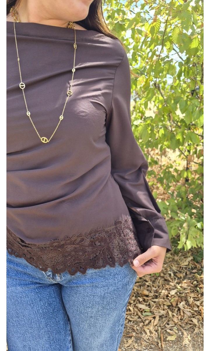 Top Tissania drapé col bateau - dentelle – coloris marron, vue 3