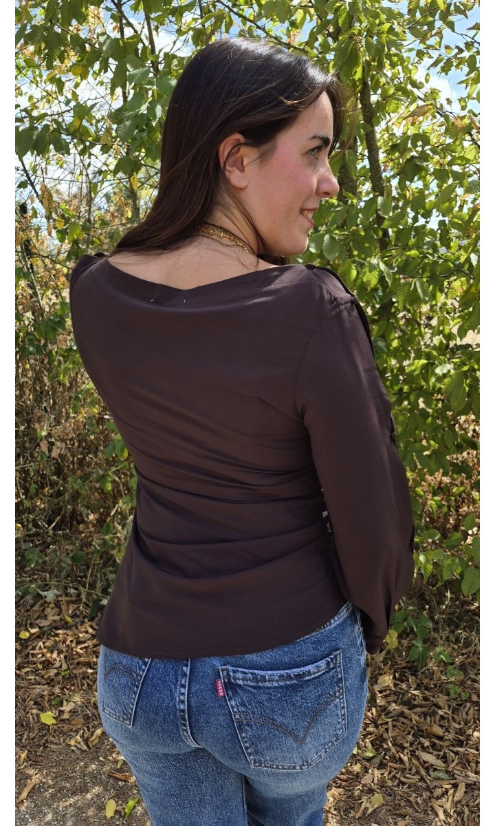 Top Tissania drapé col bateau - dentelle – coloris marron, vue 4