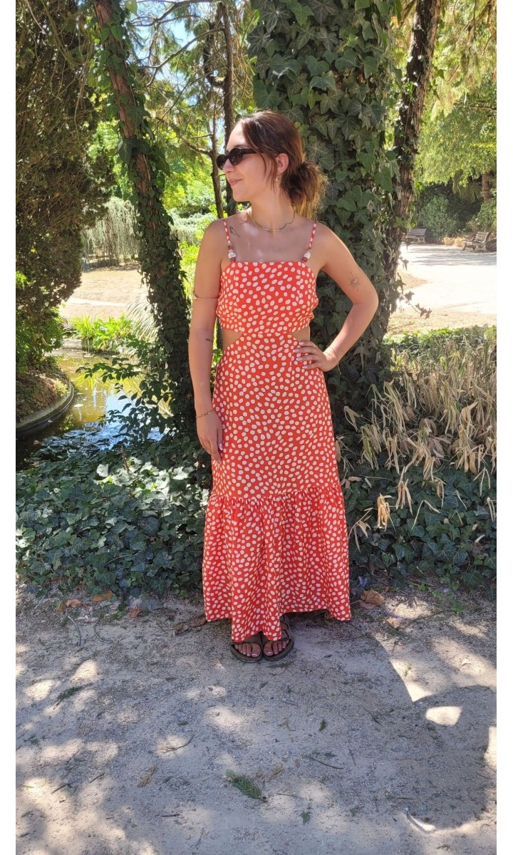 Robe Erine longue cut-out - perles bois – coloris rouge