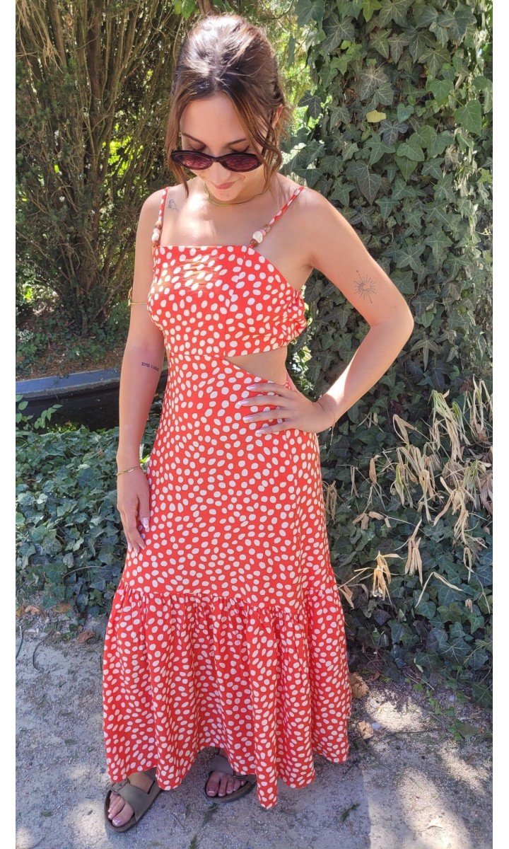 Robe Erine longue cut-out - perles bois – coloris rouge, vue 2