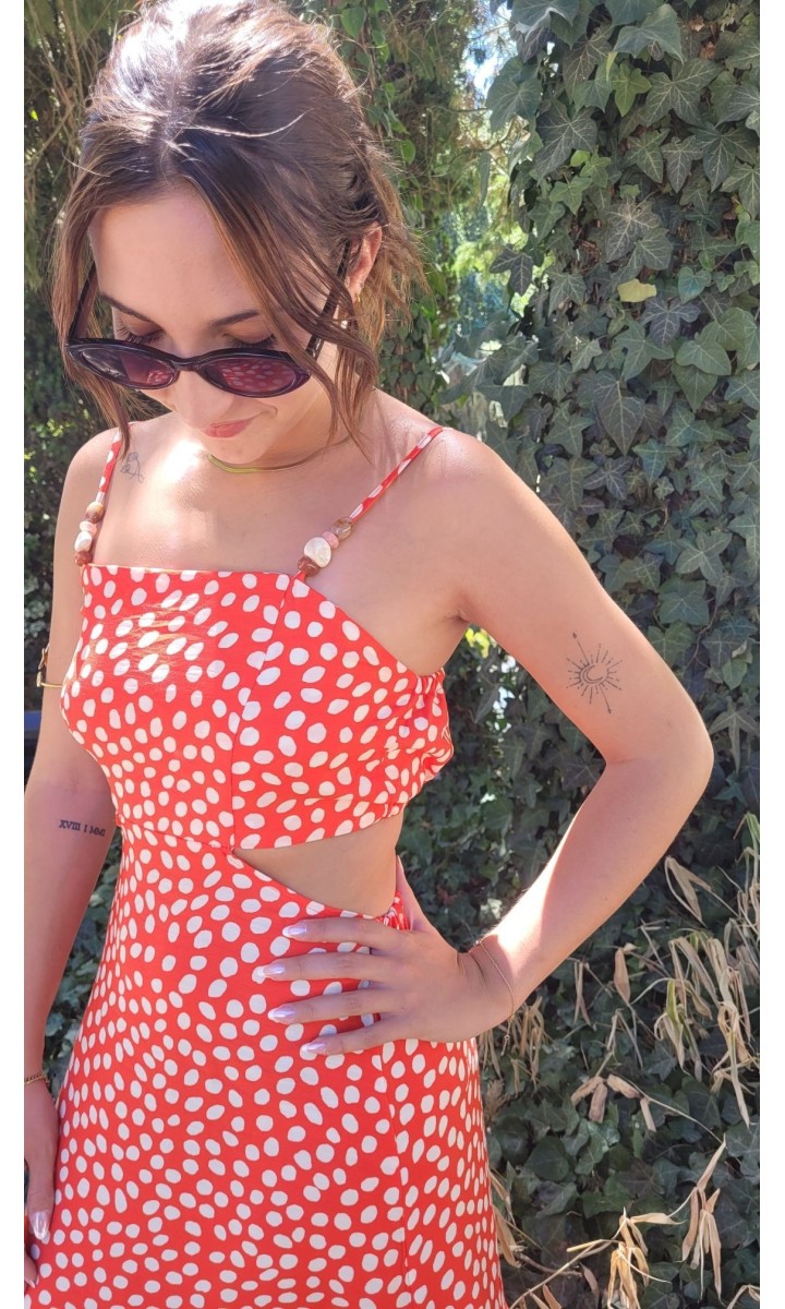 Robe Erine longue cut-out - perles bois – coloris rouge, vue 3