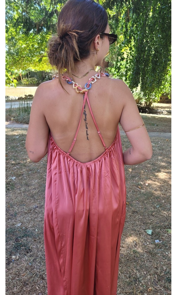 Robe Avene longue satinée bretelles bijou – coloris rose, vue 4