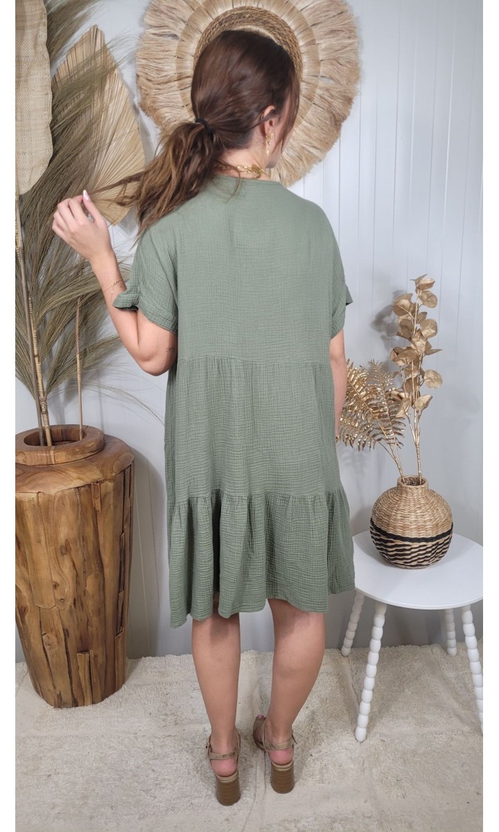 Robe Sabine courte gaze de coton – coloris kaki, vue 3
