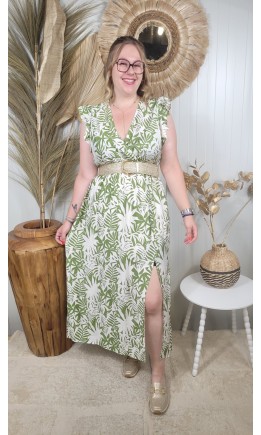 Robe longue Laura cache-cœur volants – coloris kaki