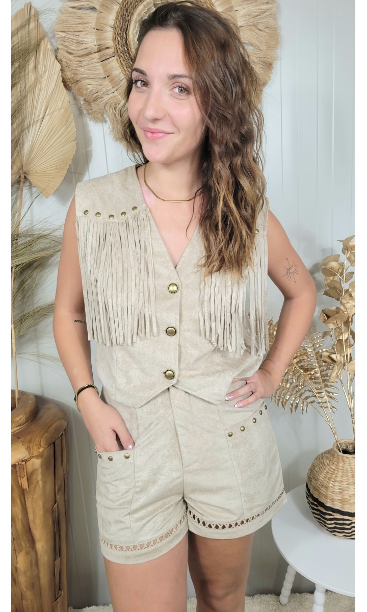 Veste Azalee franges et clous dorés – coloris beige