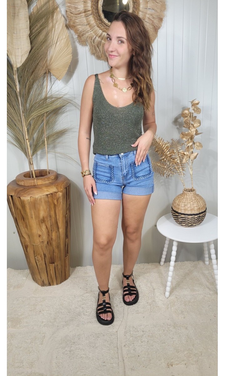 Short Helene denim poches tressées – coloris bleu