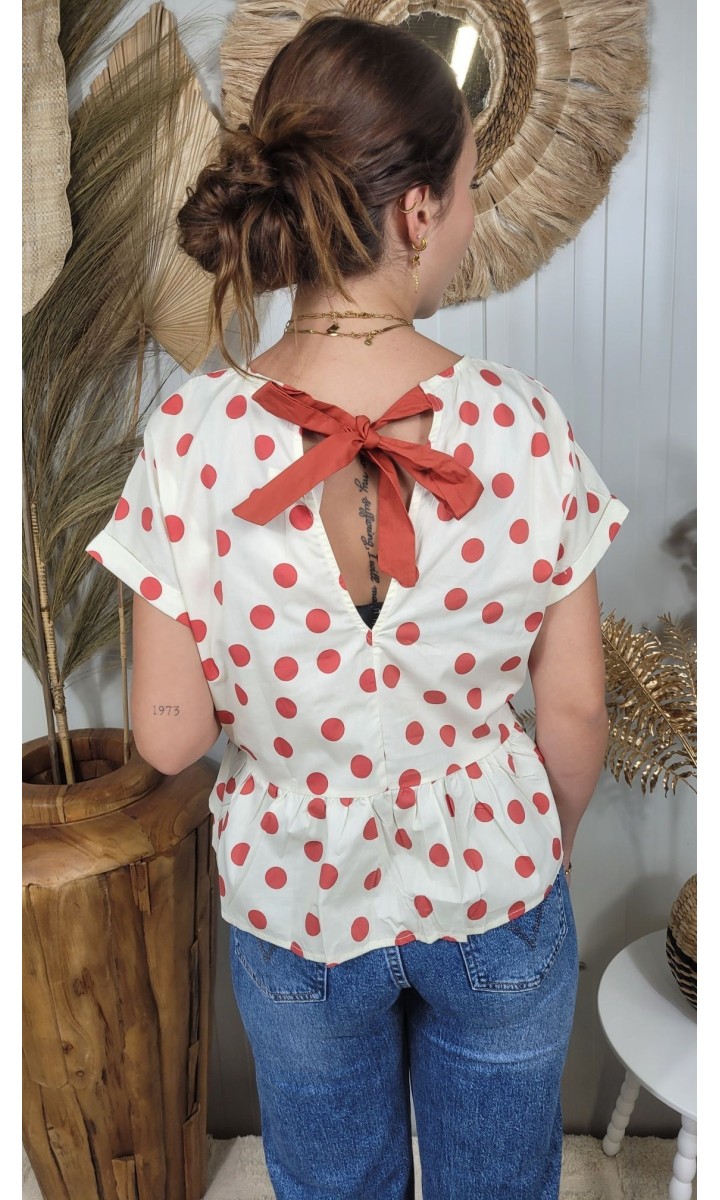 Top Pois péplum nœud au dos – coloris beige, vue 2