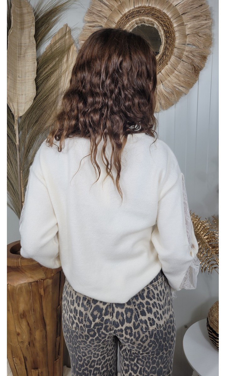 Pull Amelie manches dentelle – coloris beige, vue 2
