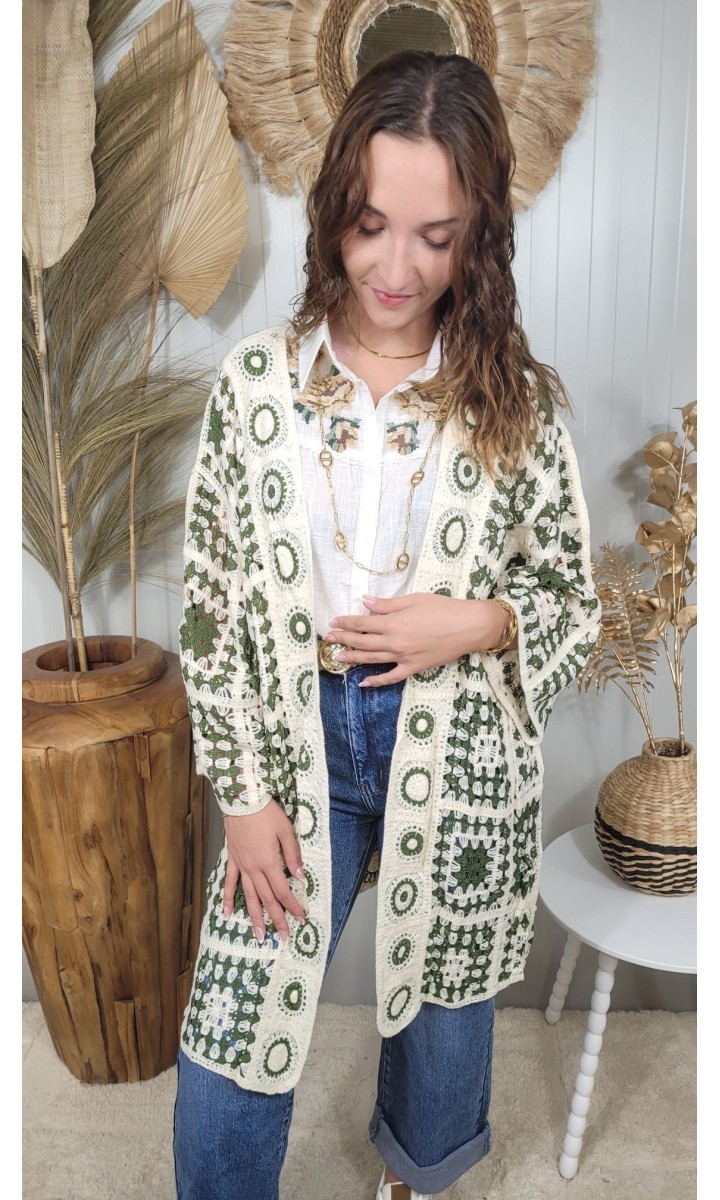 Gilet Daniella crochet floral – coloris kaki