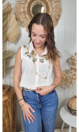 Chemise Brasil brodée sans manches – coloris bleu