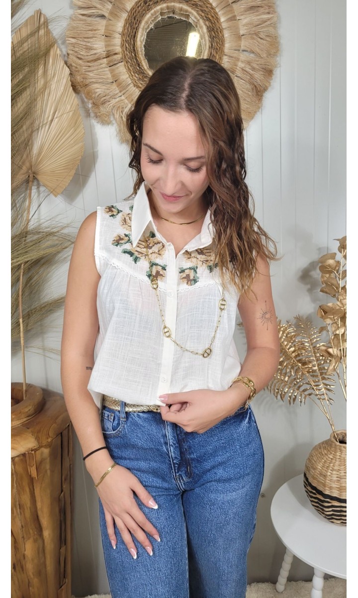 Chemise Brasil brodée sans manches – coloris bleu
