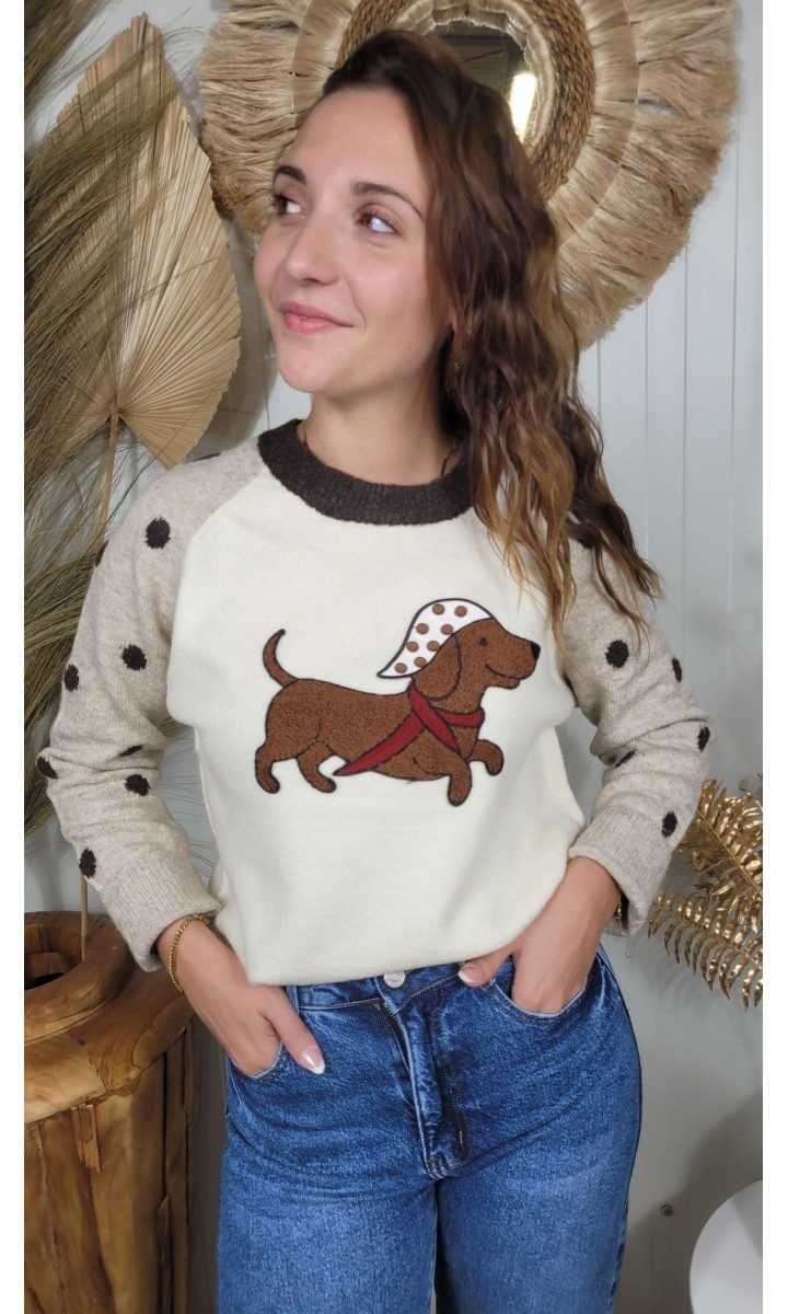 Pull Doggy teckel texturé – coloris beige